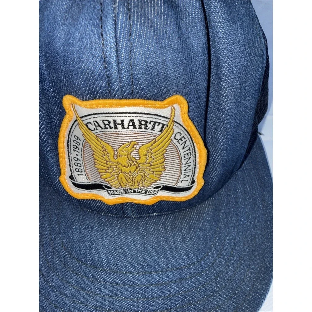 Vintage Carhartt Hat Blue Denim Centennial Patch SnapBack Cap USA 1989